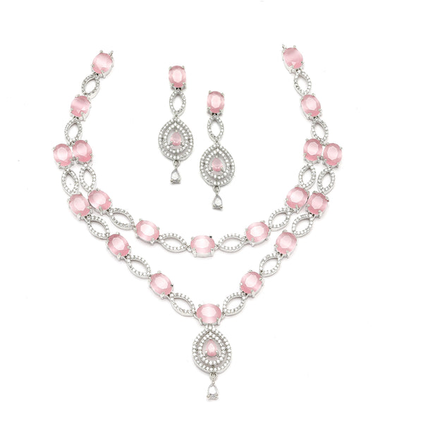 Rhodium-Plated Pink American Diamond Studded Abstract Necklace & Earrings Jewellery Set