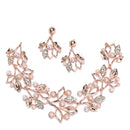 Rose Gold-Plated White Cubic Zirconia & White Pearls Studded Leaf Shaped Necklace with Earrings Jewellery Set