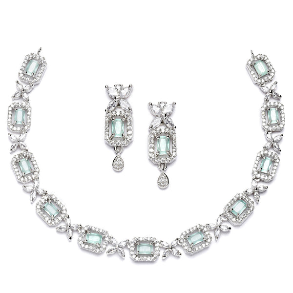 Rhodium-Plated Sea Green American Diamonds Studded Cubical Necklace & Earrings Jewellery Set