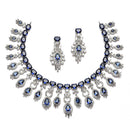 Rhodium-Plated Navy Blue American Diamond Studded Oval & Teardrop Shaped Necklace & Earrings Jewellery Set