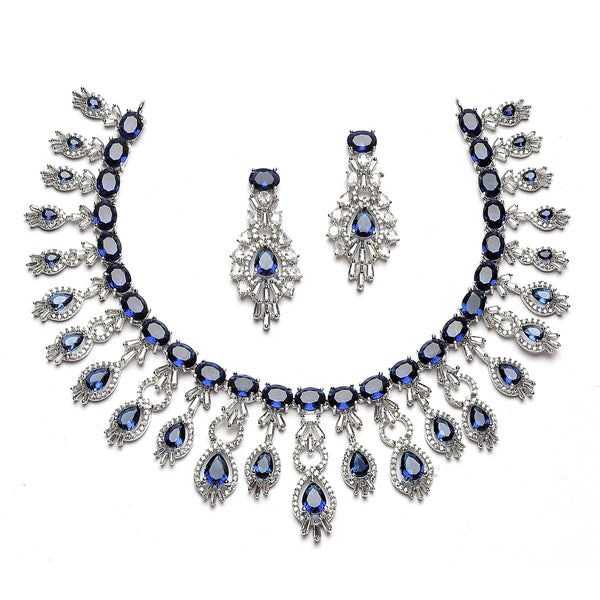 Rhodium-Plated Navy Blue American Diamond Studded Oval & Teardrop Shaped Necklace & Earrings Jewellery Set