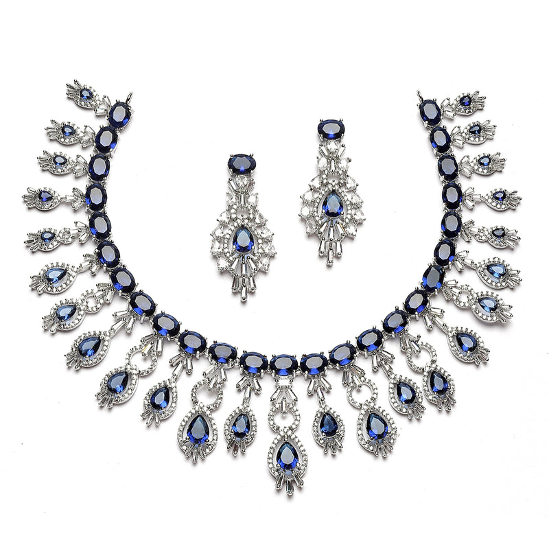 Rhodium-Plated Navy Blue American Diamond Studded Oval & Teardrop Shaped Necklace & Earrings Jewellery Set