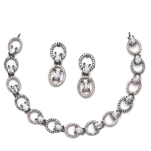 Rose Gold-Plated Gunmetal Toned White American Diamond Studded Disc-Shaped Necklace & Earrings Jewellery Set