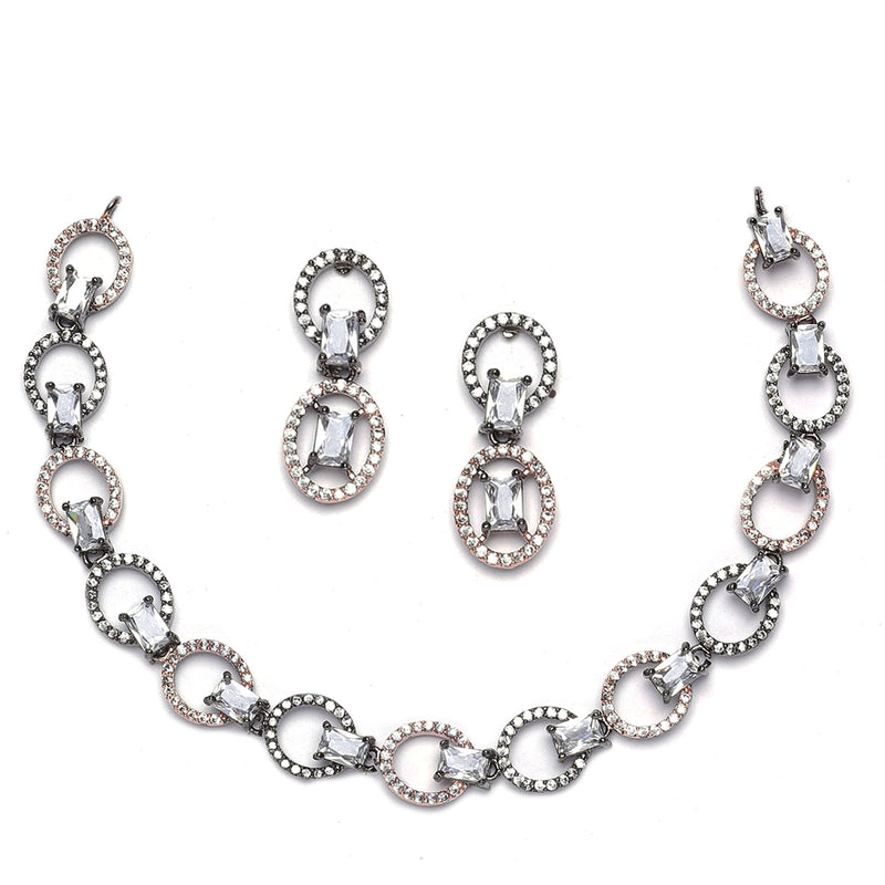 Rose Gold-Plated Gunmetal Toned White American Diamond Studded Disc-Shaped Necklace & Earrings Jewellery Set