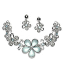 Rhodium-Plated Sea Green American Diamonds Studded Floweret Necklace & Earrings Jewellery Set