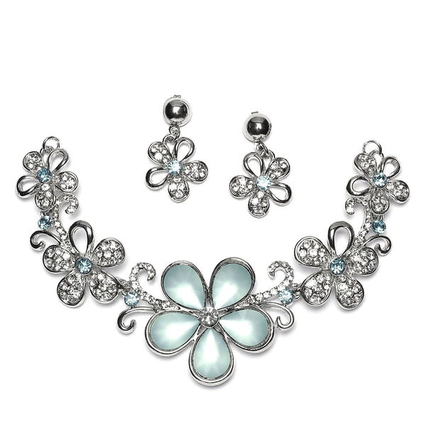 Rhodium-Plated Sea Green American Diamonds Studded Floweret Necklace & Earrings Jewellery Set