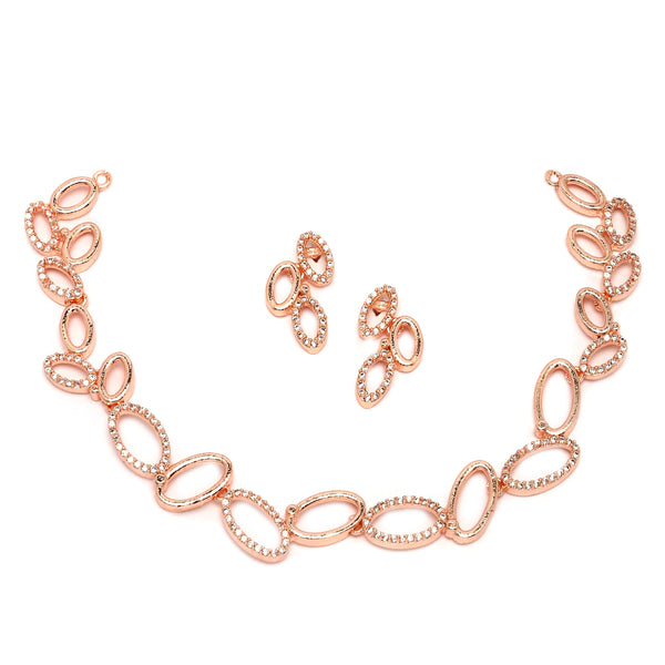 Rose Gold-Plated White American Diamond Studded Oval Shaped Necklace with Earrings Jewellery Set