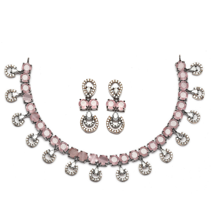 Rose Gold-Plated Gunmetal Toned Pink American Diamonds Studded Contemporary Necklace & Earrings Jewellery Set