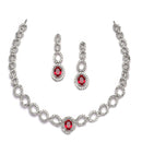 Rhodium-Plated Red American Diamonds Studded Ovate Shaped Necklace & Earrings Jewellery Set