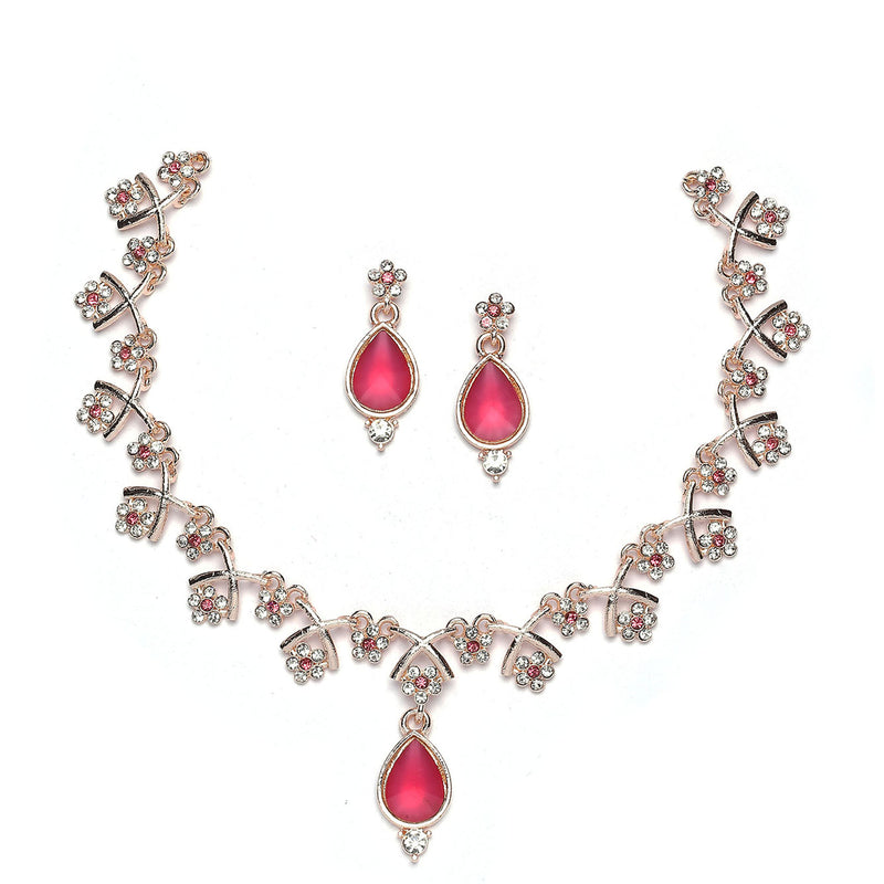 Rose Gold-Plated Pink Cubic Zirconia Studded Teardrop Shaped Necklace with Earrings Jewellery Set