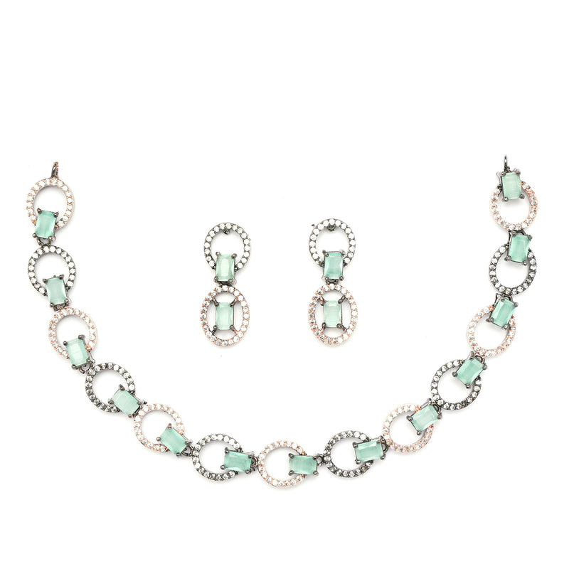 Rose Gold-Plated Gunmetal Toned Sea Green American Diamond Studded Disc-Shaped Necklace & Earrings Jewellery Set