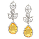 Rhodium-Plated Yellow American Diamond studded Teardrop & Leaf Shaped Drop Earrings