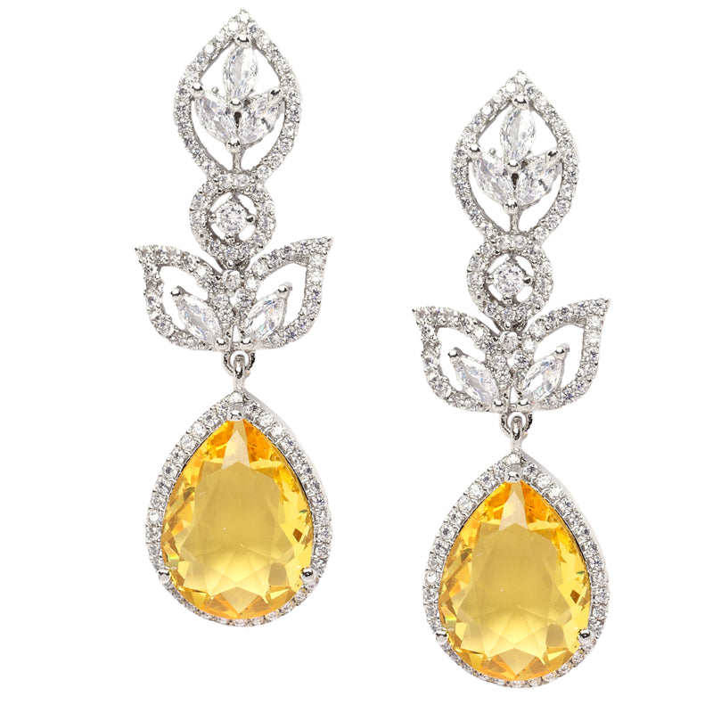 Rhodium-Plated Yellow American Diamond studded Teardrop & Leaf Shaped Drop Earrings