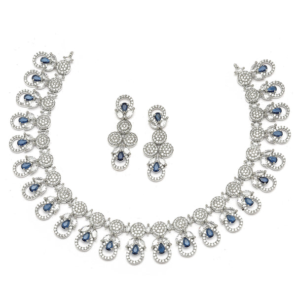 Rhodium-Plated Navy Blue American Diamonds Studded Voguish Necklace & Earrings Jewellery Set