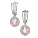 Rhodium-Plated Pink American Diamond studded Handcrafted Oval Shaped Drop Earrings