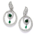 Rhodium-Plated Green & White American Diamond studded Oval Shaped Drop Earrings