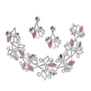 Silver-Plated Pink Cubic Zirconia & White Pearls Studded Leaf Shaped Necklace with Earrings Jewellery Set