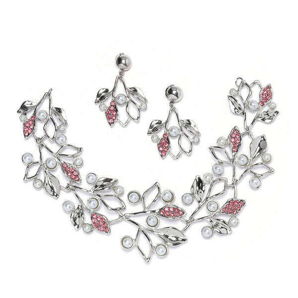 Silver-Plated Pink Cubic Zirconia & White Pearls Studded Leaf Shaped Necklace with Earrings Jewellery Set