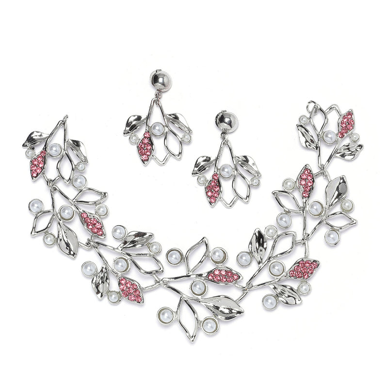 Silver-Plated Pink Cubic Zirconia & White Pearls Studded Leaf Shaped Necklace with Earrings Jewellery Set