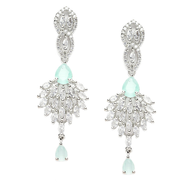 Rhodium-Plated Sea Green American Diamond studded Handcrafted Spiked Drop Earrings