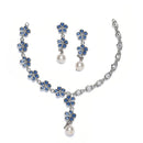Rhodium-Plated Navy Blue American Diamond & White Pearl Studded Floral Necklace & Earrings Jewellery Set