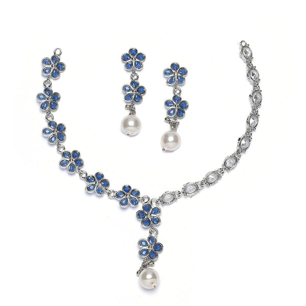 Rhodium-Plated Navy Blue American Diamond & White Pearl Studded Floral Necklace & Earrings Jewellery Set