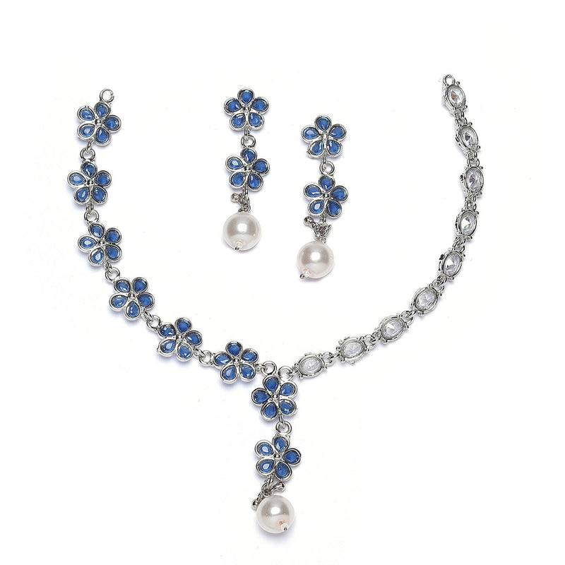 Rhodium-Plated Navy Blue American Diamond & White Pearl Studded Floral Necklace & Earrings Jewellery Set