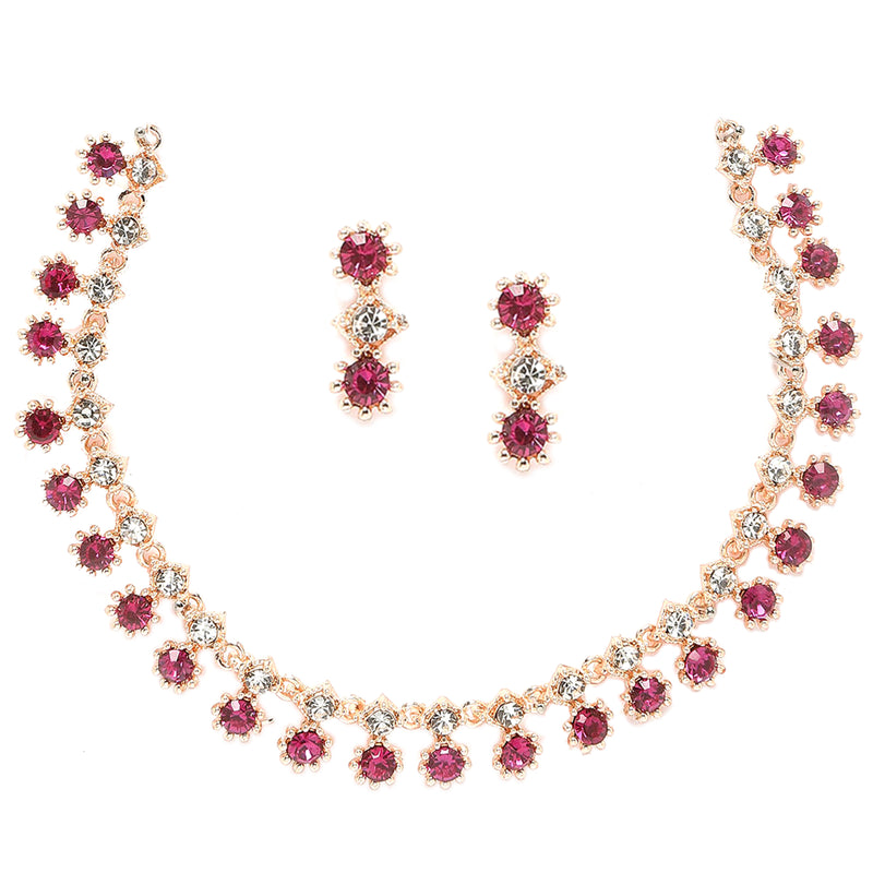 Rose Gold-Plated Pink & White American Diamond Studded Star Shaped Necklace with Earrings Jewellery Set