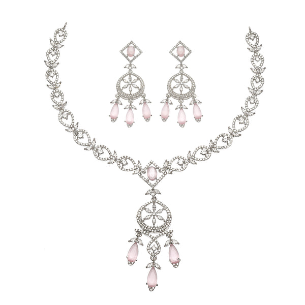 Rhodium-Plated Pink Baguette Teardrops American Diamonds Studded Necklace & Earrings Jewellery Set