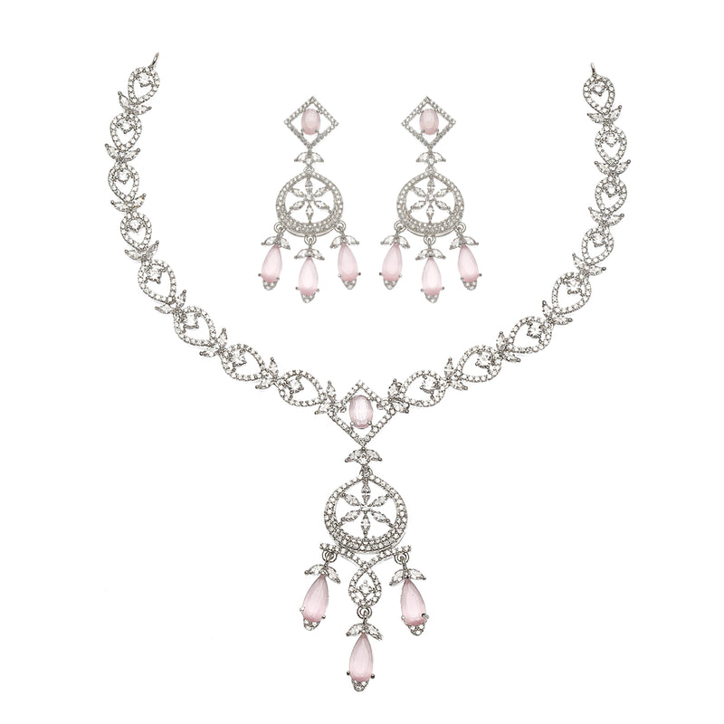 Rhodium-Plated Pink Baguette Teardrops American Diamonds Studded Necklace & Earrings Jewellery Set
