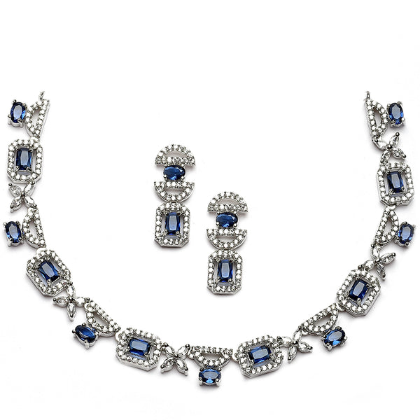 Rhodium-Plated Navy Blue American Diamonds Studded Boxy Necklace & Earrings Jewellery Set