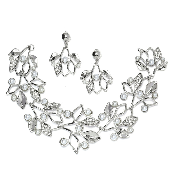 Silver-Plated White Cubic Zirconia & White Pearls Studded Leaf Shaped Necklace with Earrings
