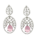 Rhodium-Plated Pink & White American Diamond studded Oval Shaped Drop Earrings