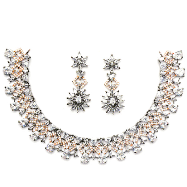 Rose Gold-Plated Gunmetal Toned White Dribble Shape American Diamonds Studded Necklace & Earrings Jewellery Set
