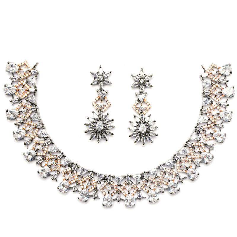 Rose Gold-Plated Gunmetal Toned White Dribble Shape American Diamonds Studded Necklace & Earrings Jewellery Set