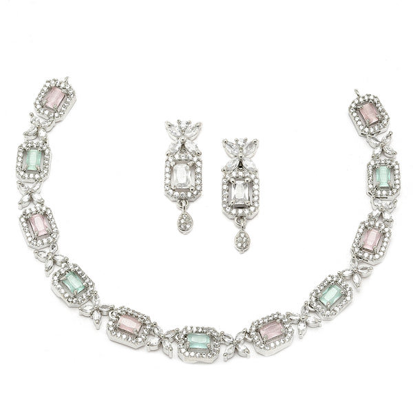 Rhodium-Plated Pink & Sea Green American Diamonds Studded Cubical Necklace & Earrings Jewellery Set