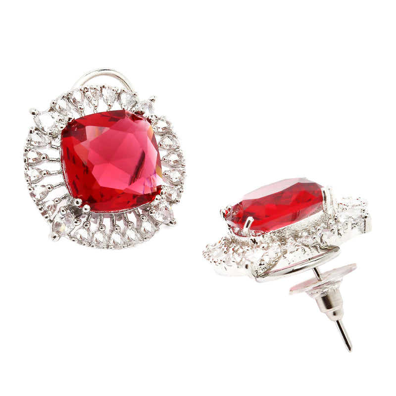Rhodium-Plated Red & White American Diamond studded Contemporary Round Stud Earrings