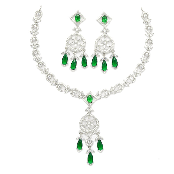 Rhodium-Plated Green Baguette Teardrops American Diamonds Studded Necklace & Earrings Jewellery Set