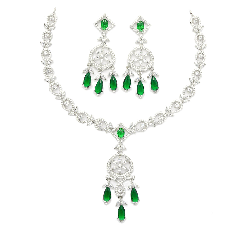 Rhodium-Plated Green Baguette Teardrops American Diamonds Studded Necklace & Earrings Jewellery Set