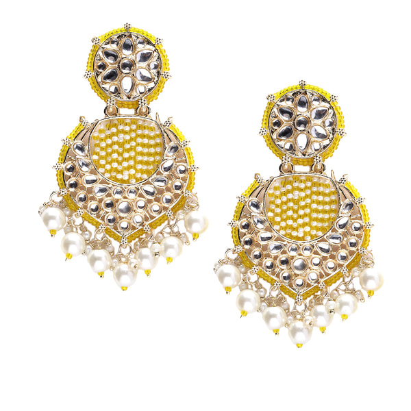 Gold-Plated Yellow Beads White Pearls & Kundan studded Handcrafted Crescent Shaped Drop Earrings