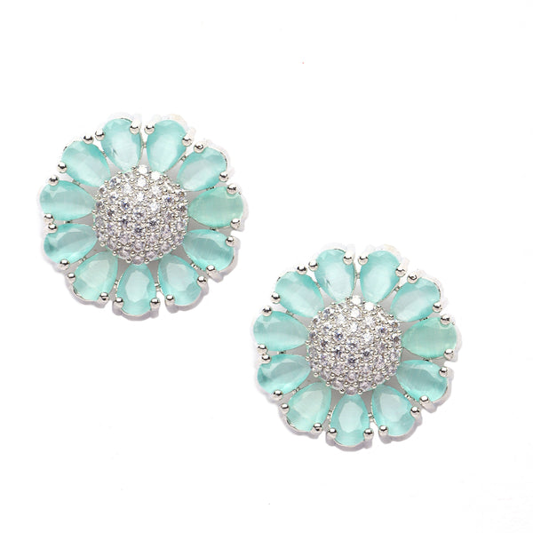 Rhodium-Plated Sea Green American Diamond studded Floral Handcrafted Stud Earrings