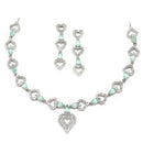 Rhodium-Plated Sea Green American Diamond Studded Heart Design Necklace & Earrings Jewellery Set