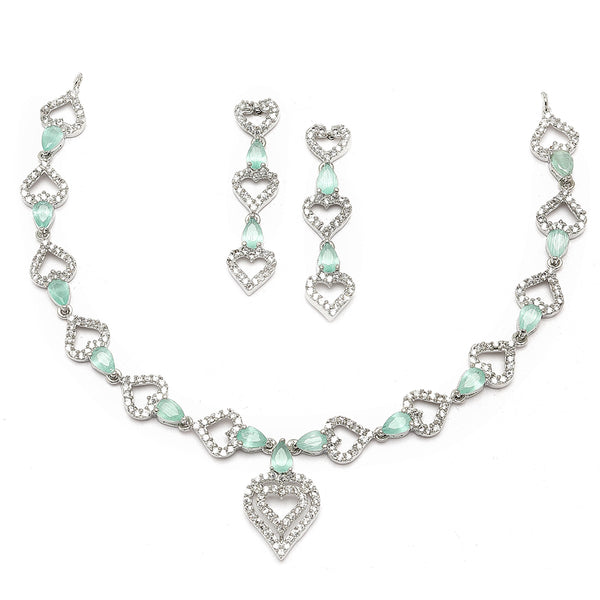 Rhodium-Plated Sea Green American Diamond Studded Heart Design Necklace & Earrings Jewellery Set