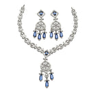 Rhodium-Plated Navy Blue Baguette Teardrops American Diamonds Studded Necklace & Earrings Jewellery Set