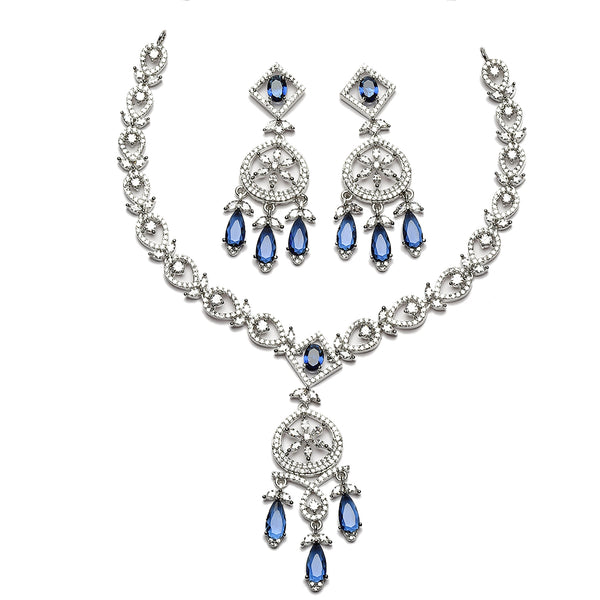 Rhodium-Plated Navy Blue Baguette Teardrops American Diamonds Studded Necklace & Earrings Jewellery Set