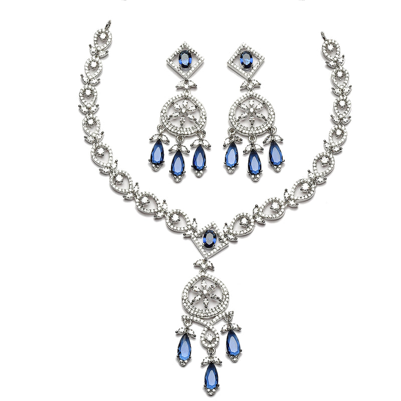 Rhodium-Plated Navy Blue Baguette Teardrops American Diamonds Studded Necklace & Earrings Jewellery Set