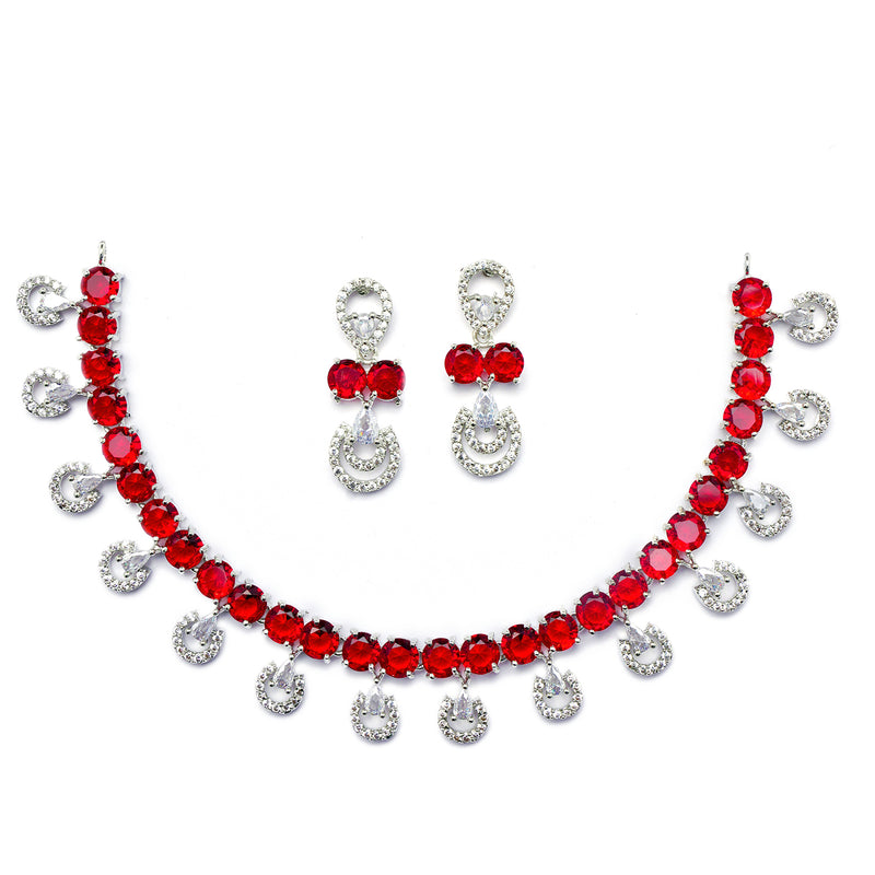 Rhodium-Plated Red American Diamonds Studded Contemporary Necklace & Earrings Jewellery Set