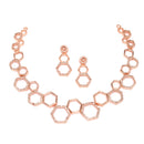 Rose Gold-Plated White American Diamond Studded Hexagon Shaped Necklace with Earrings Jewellery Set