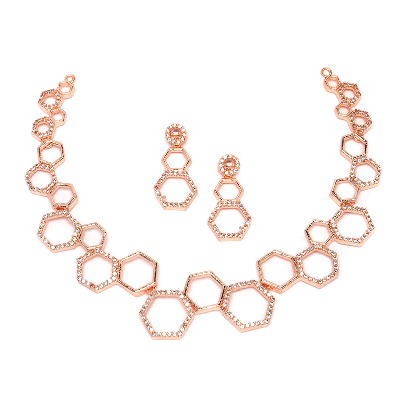 Rose Gold-Plated White American Diamond Studded Hexagon Shaped Necklace with Earrings Jewellery Set