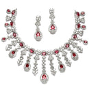 Rhodium-Plated Red American Diamond Studded Teardrop Tasselled Necklace & Earrings Jewellery Set